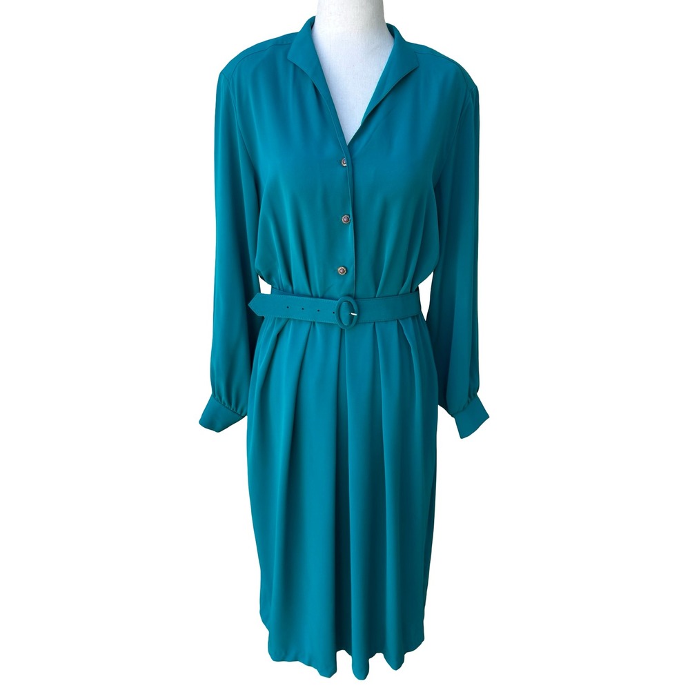 Petites by Willi Vintage 80s Secretary Power Dressing Belted Midi Shirt Dress 12